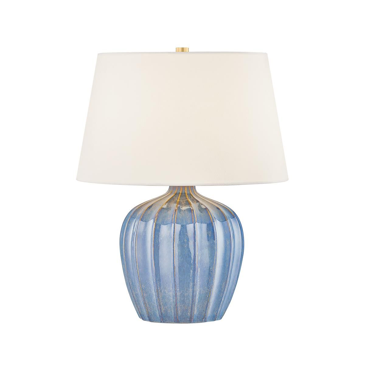 Shown in Aged Brass and Ceramic Spring Lake finish and White Linen Fabric shade
